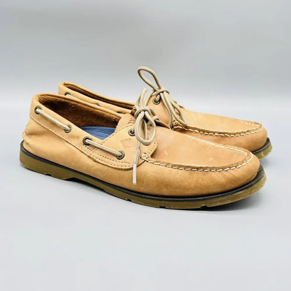 Sperry Shoes Mens 9 Beige Leather Top Sider Boat Deck Moc Toe Casual Non Slip